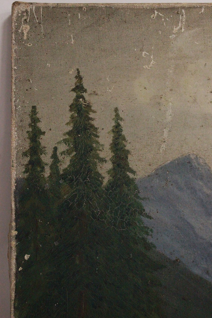 1016_quadro_dipinto_olio_tela_cappella_montagna_case_fiume_ponte_firmato_firma_Francese_FRA_4