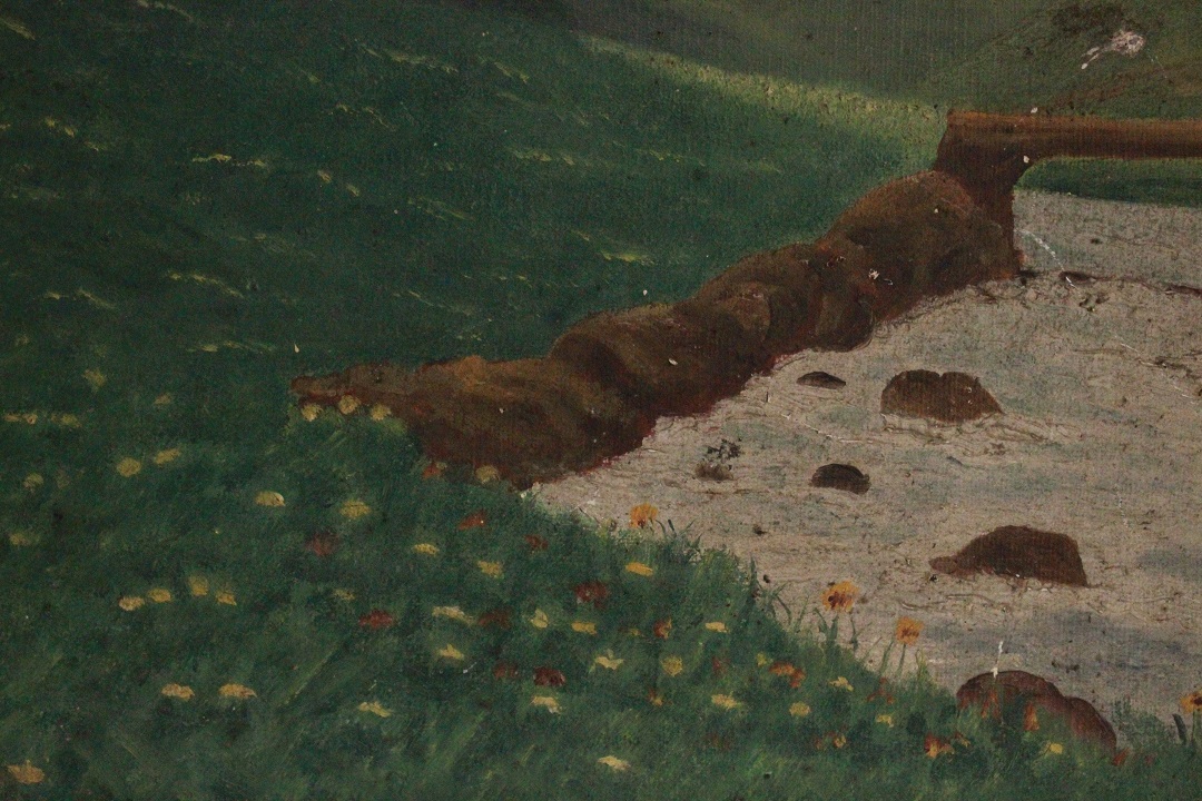 1016_quadro_dipinto_olio_tela_cappella_montagna_case_fiume_ponte_firmato_firma_Francese_FRA_5