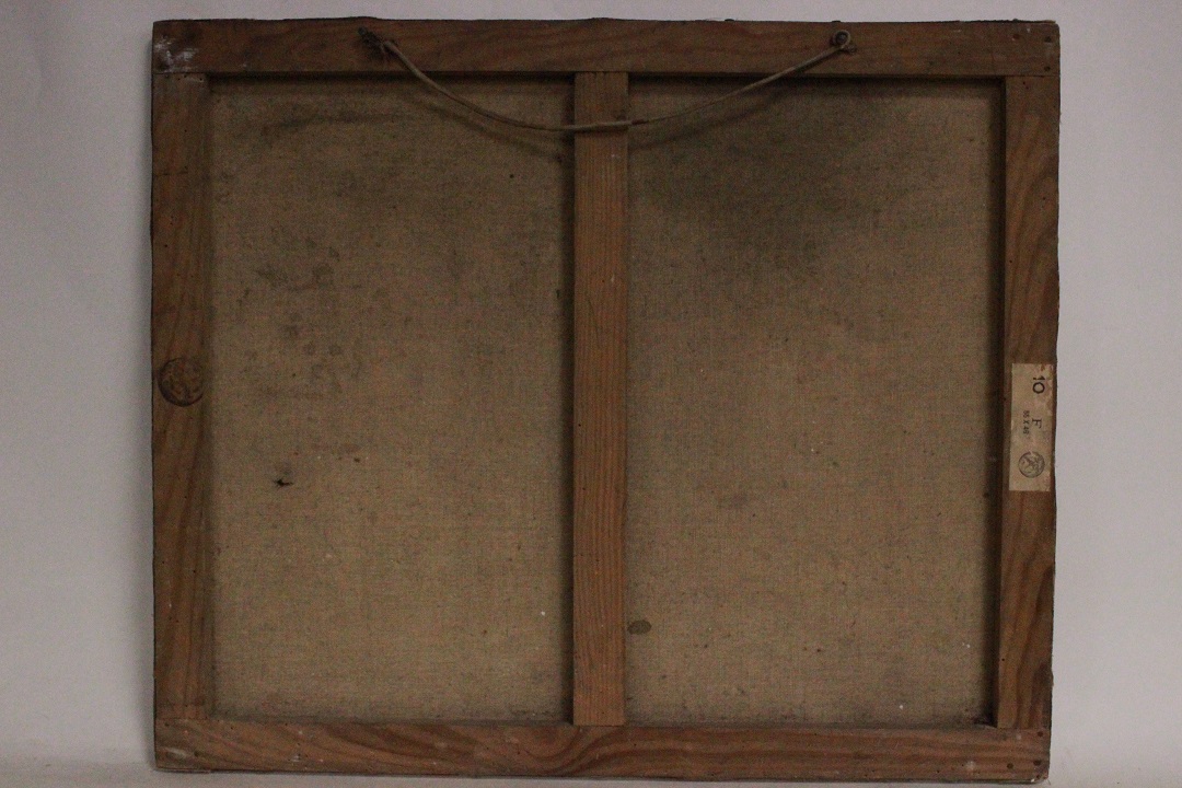 1016_quadro_dipinto_olio_tela_cappella_montagna_case_fiume_ponte_firmato_firma_Francese_FRA_6