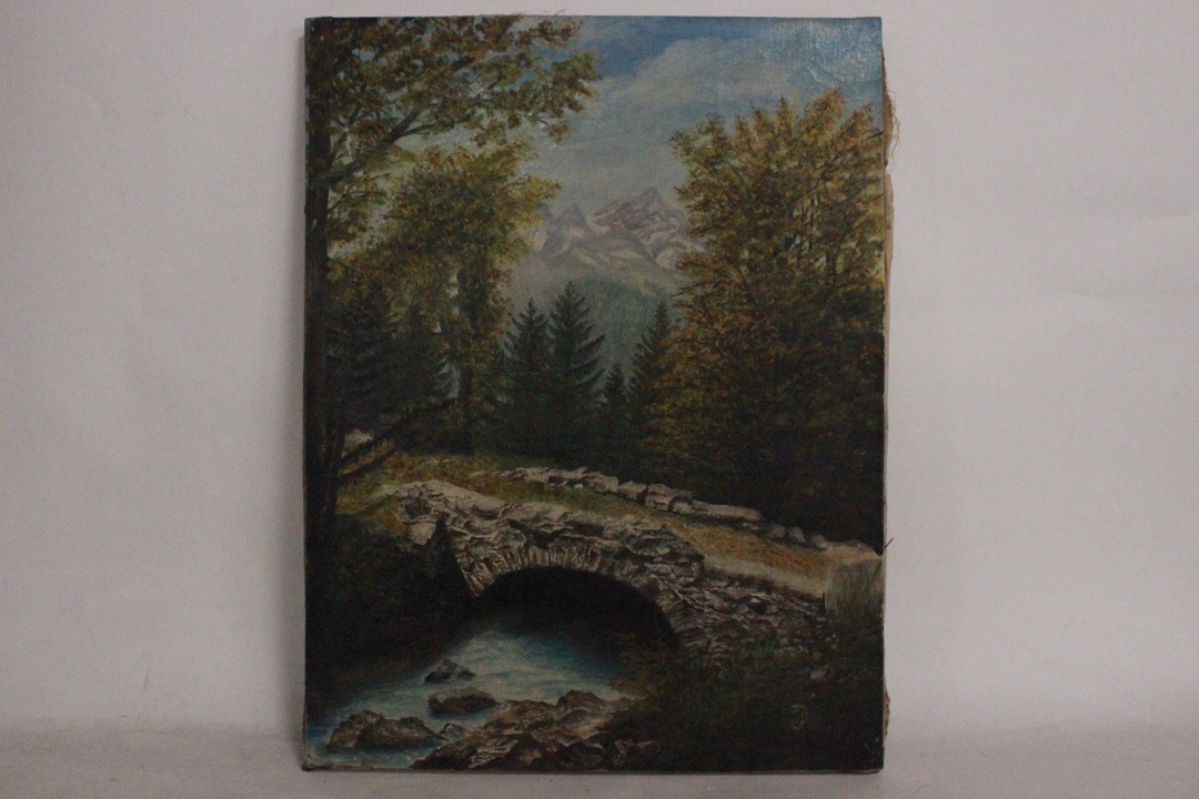 1036_olio_su_tela_ponte_paesaggio_montagna_montano_firma_firmato_sigla_seconda_metà_Novecento_francese_Francia_FRA_0