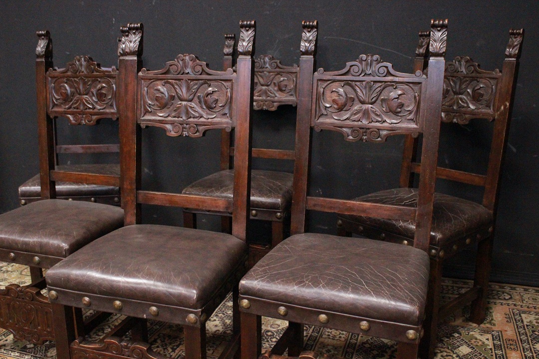 971_sedia_sedie_chiars_sei_6_six_legno_scuro_dark_wood_pelle_leather_restaurato_fine_XIX_inizio_XX_secolo_Italia_italiano_ITA_0