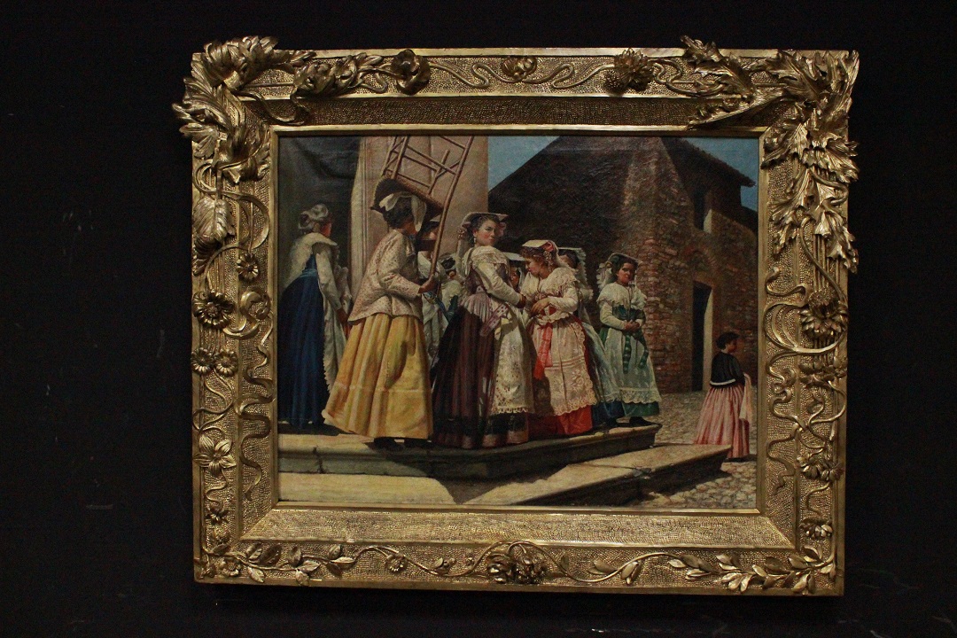 1033_dipinto_quadro_cornice_coeva_dorata_scolpita_dame_passeggio_olio_su_tela_fine_XIX_inizio_XX_secolo_0