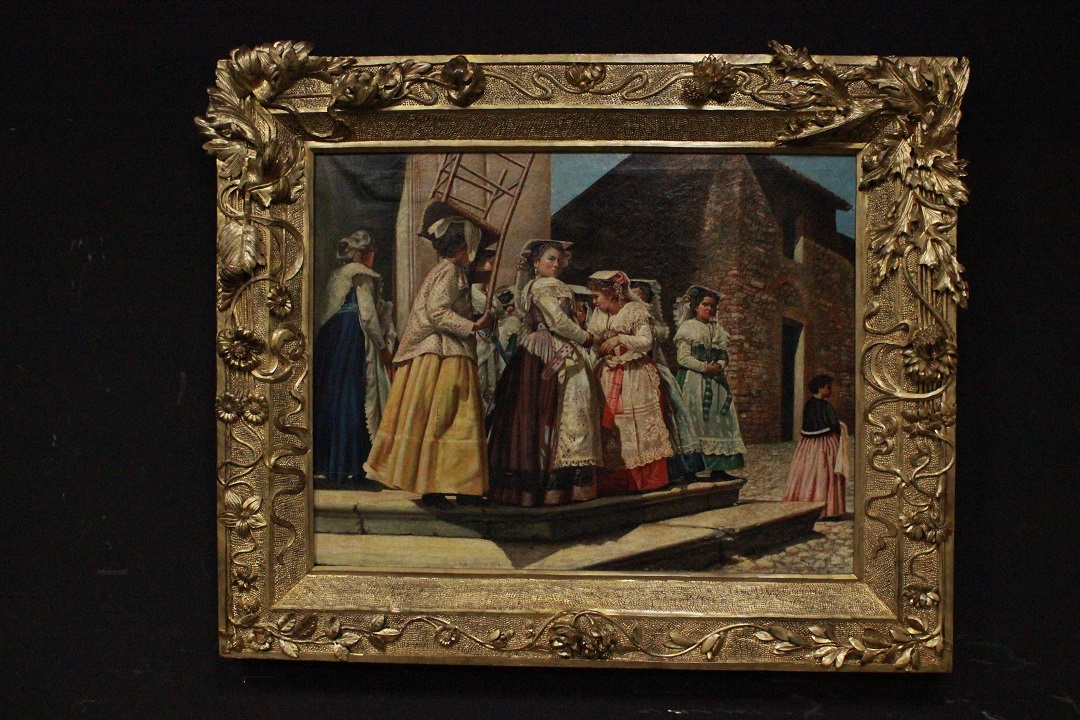 Quadro olio su tela di dame in attesa con cornice coeva in legno scolpito  (1033) – Divani originali Chesterfield Brescia vendita e noleggio