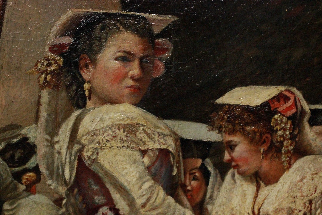 1033_dipinto_quadro_cornice_coeva_dorata_scolpita_dame_passeggio_olio_su_tela_fine_XIX_inizio_XX_secolo_1