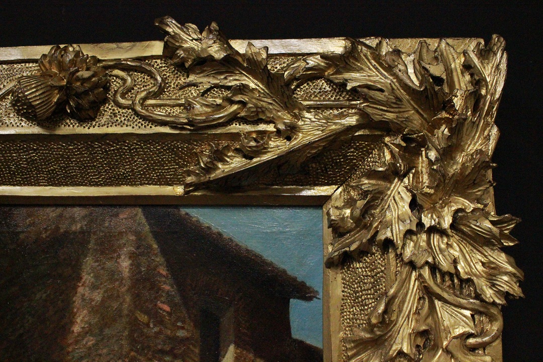 1033_dipinto_quadro_cornice_coeva_dorata_scolpita_dame_passeggio_olio_su_tela_fine_XIX_inizio_XX_secolo_13