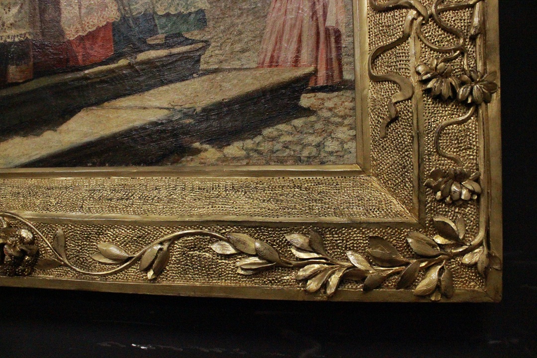 1033_dipinto_quadro_cornice_coeva_dorata_scolpita_dame_passeggio_olio_su_tela_fine_XIX_inizio_XX_secolo_16