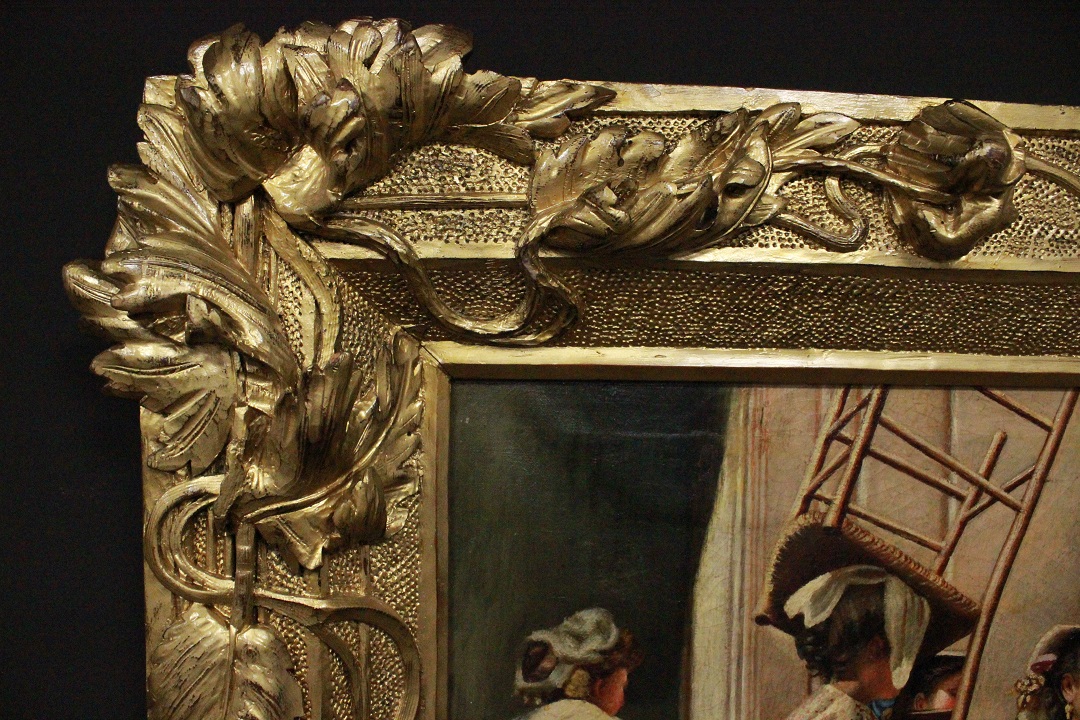 1033_dipinto_quadro_cornice_coeva_dorata_scolpita_dame_passeggio_olio_su_tela_fine_XIX_inizio_XX_secolo_2