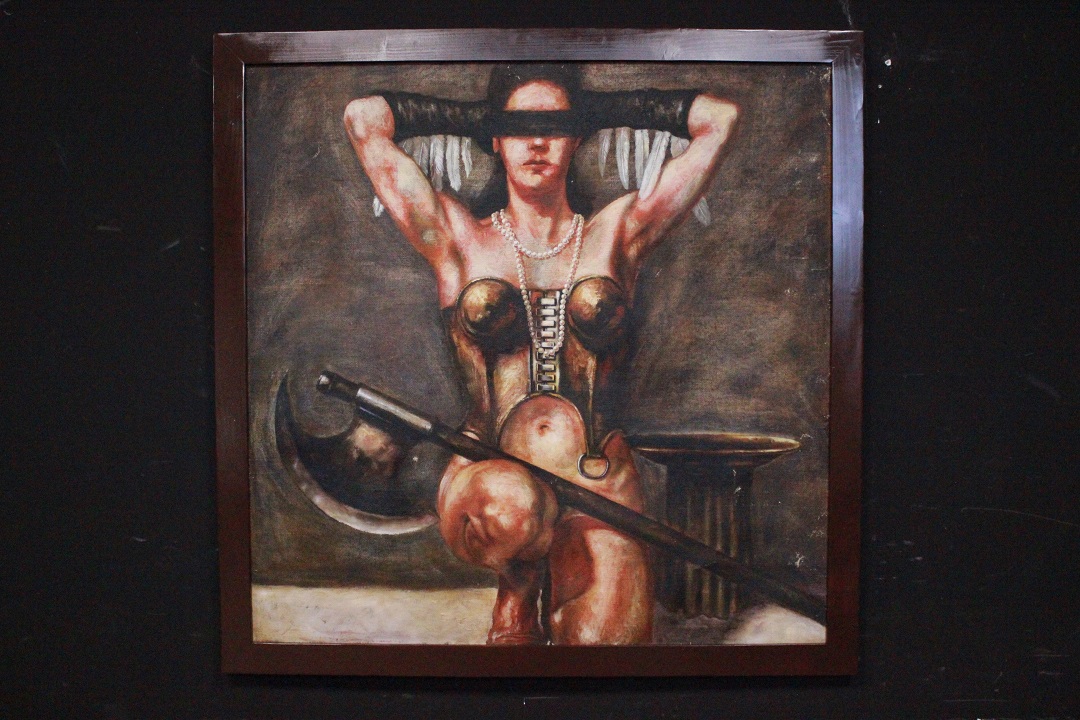 1037_quadro_dipinto_paint_oil_painting_olio_su_tela_Saturno_Buttò_figura_donna_guerriera_cornice_frame_1988_XX_secolo_Brescia_Roncadelle_italiano_Italia_ITA_0