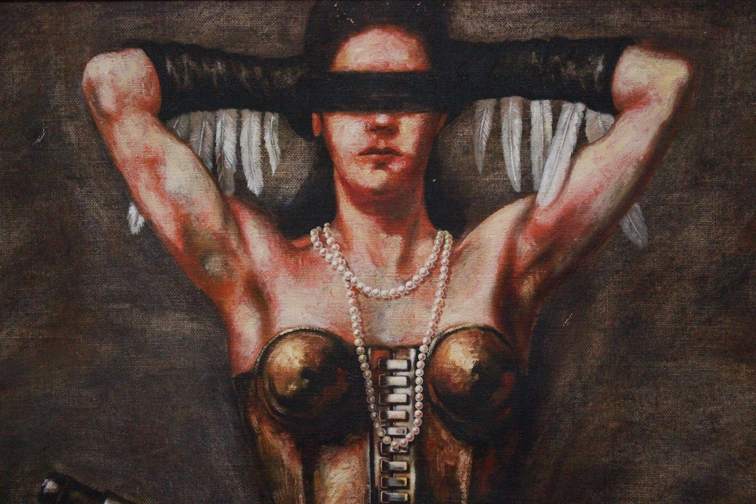1037_quadro_dipinto_paint_oil_painting_olio_su_tela_Saturno_Buttò_figura_donna_guerriera_cornice_frame_1988_XX_secolo_Brescia_Roncadelle_italiano_Italia_ITA_1