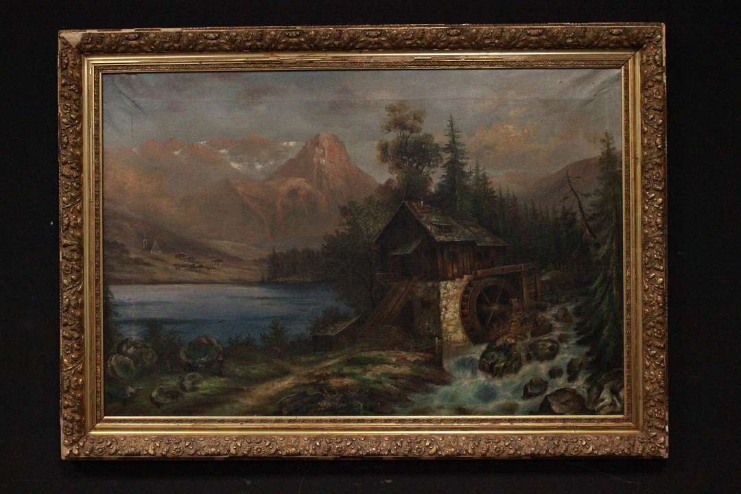 1041_dipinto_quadro_cornice_dorata_paesaggio_montagna_montano_mulino_olio_su_tela_XIX_secolo_0