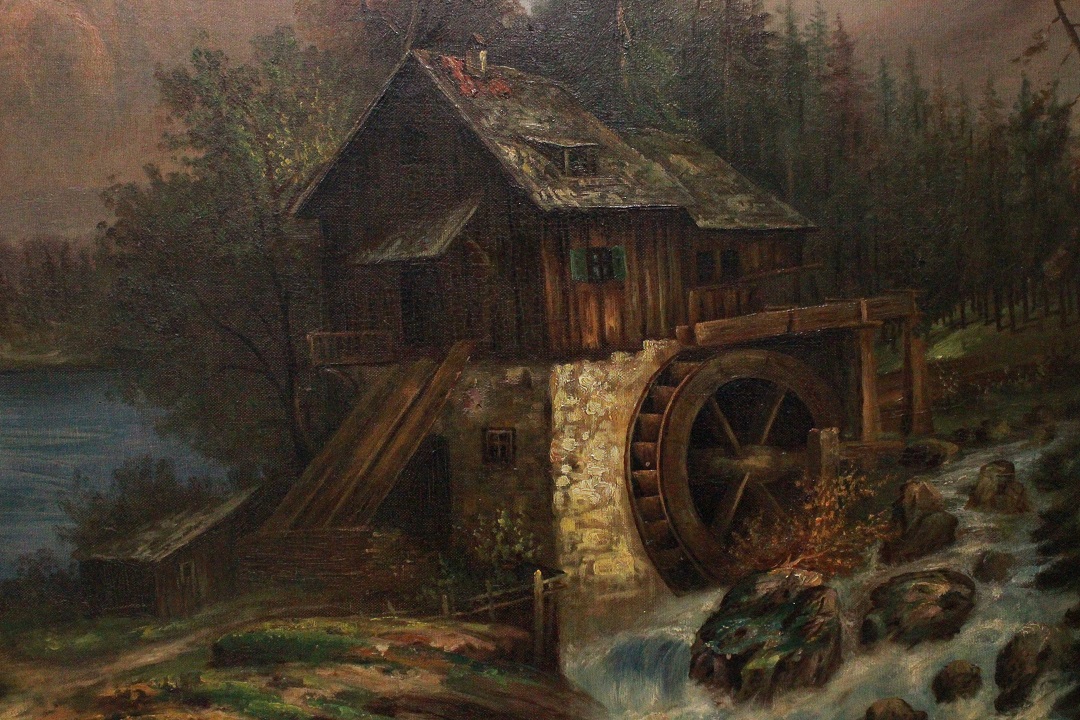 1041_dipinto_quadro_cornice_dorata_paesaggio_montagna_montano_mulino_olio_su_tela_XIX_secolo_1