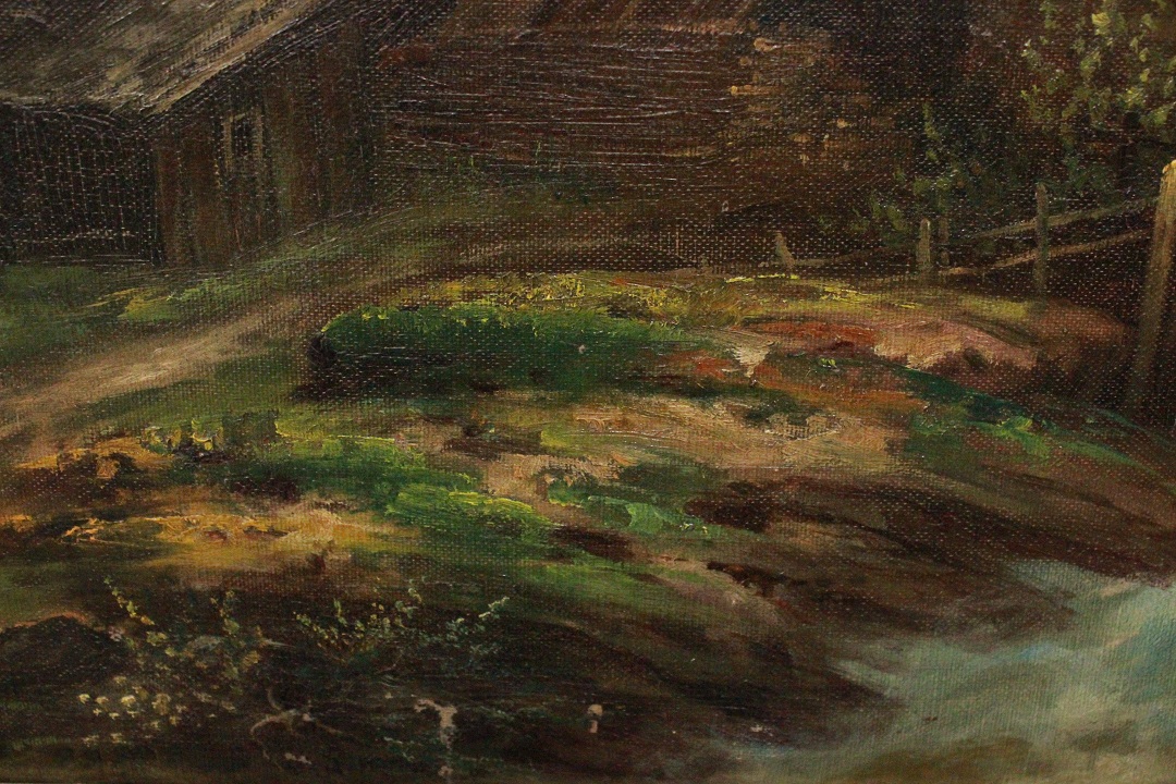 1041_dipinto_quadro_cornice_dorata_paesaggio_montagna_montano_mulino_olio_su_tela_XIX_secolo_15