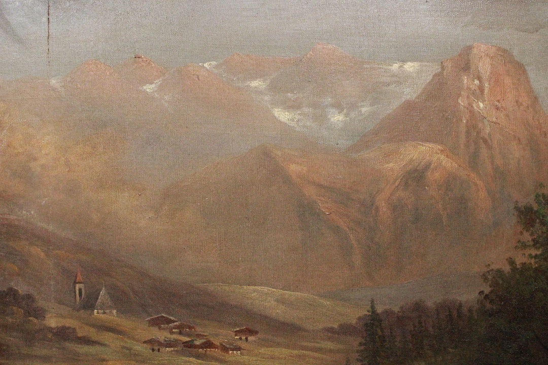 1041_dipinto_quadro_cornice_dorata_paesaggio_montagna_montano_mulino_olio_su_tela_XIX_secolo_2