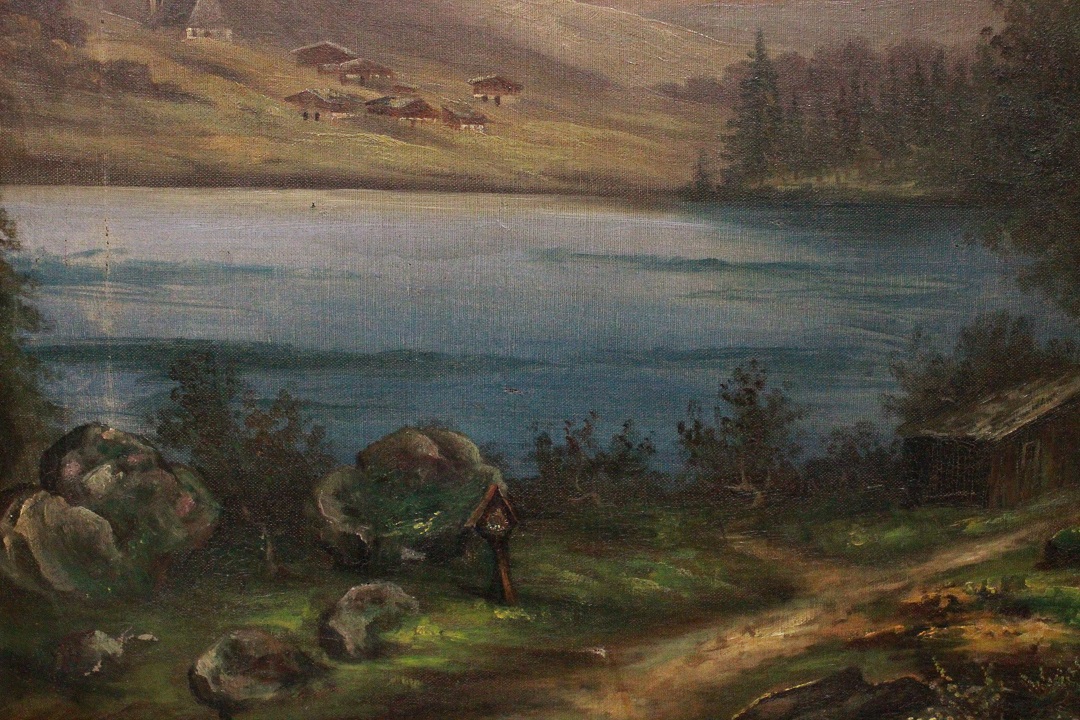 1041_dipinto_quadro_cornice_dorata_paesaggio_montagna_montano_mulino_olio_su_tela_XIX_secolo_7